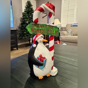 Resin Penguin Candy Cane North Pole Christmas Decoration